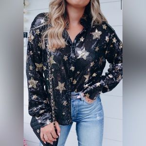 Midnights Sequin Star Print Button Up Blouse
